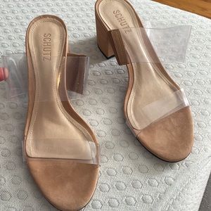 Schutz nude / clear leather mule pumps never worn